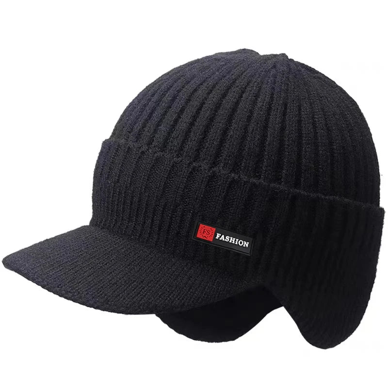 New Winter Men's Hat – Outdoor Ear Protection Warm Knitted Cap with Windproof Visor, Thick Bicycle Scarf Cap for Men